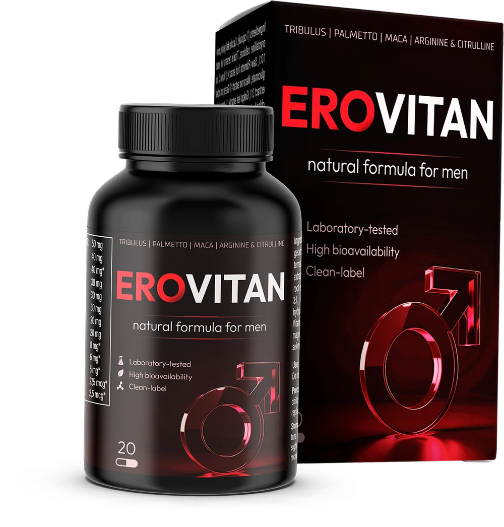 Опаковка EroVitan — бурканче и кутия, 20 капсули