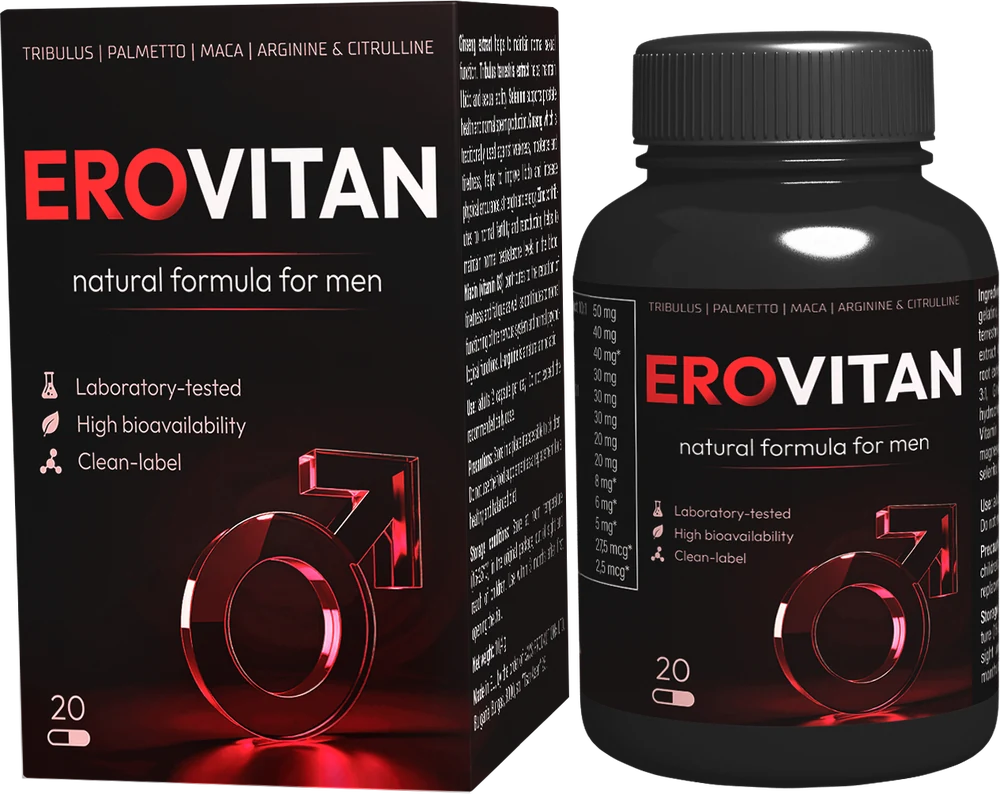 Envase de EroVitan — bote y estuche de 20 cápsulas