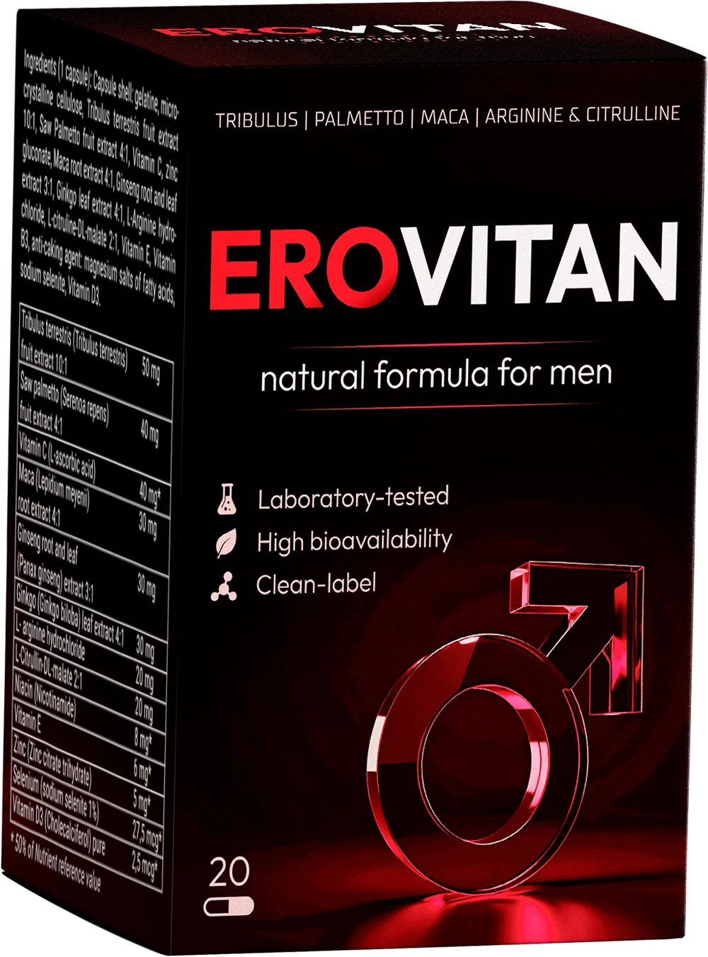 Συσκευασία EroVitan — βάζο και κουτί, 20 κάψουλες