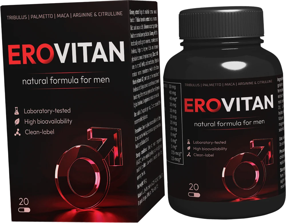 EroVitan pakuotė — indelis ir dėžutė, 20 kapsulių