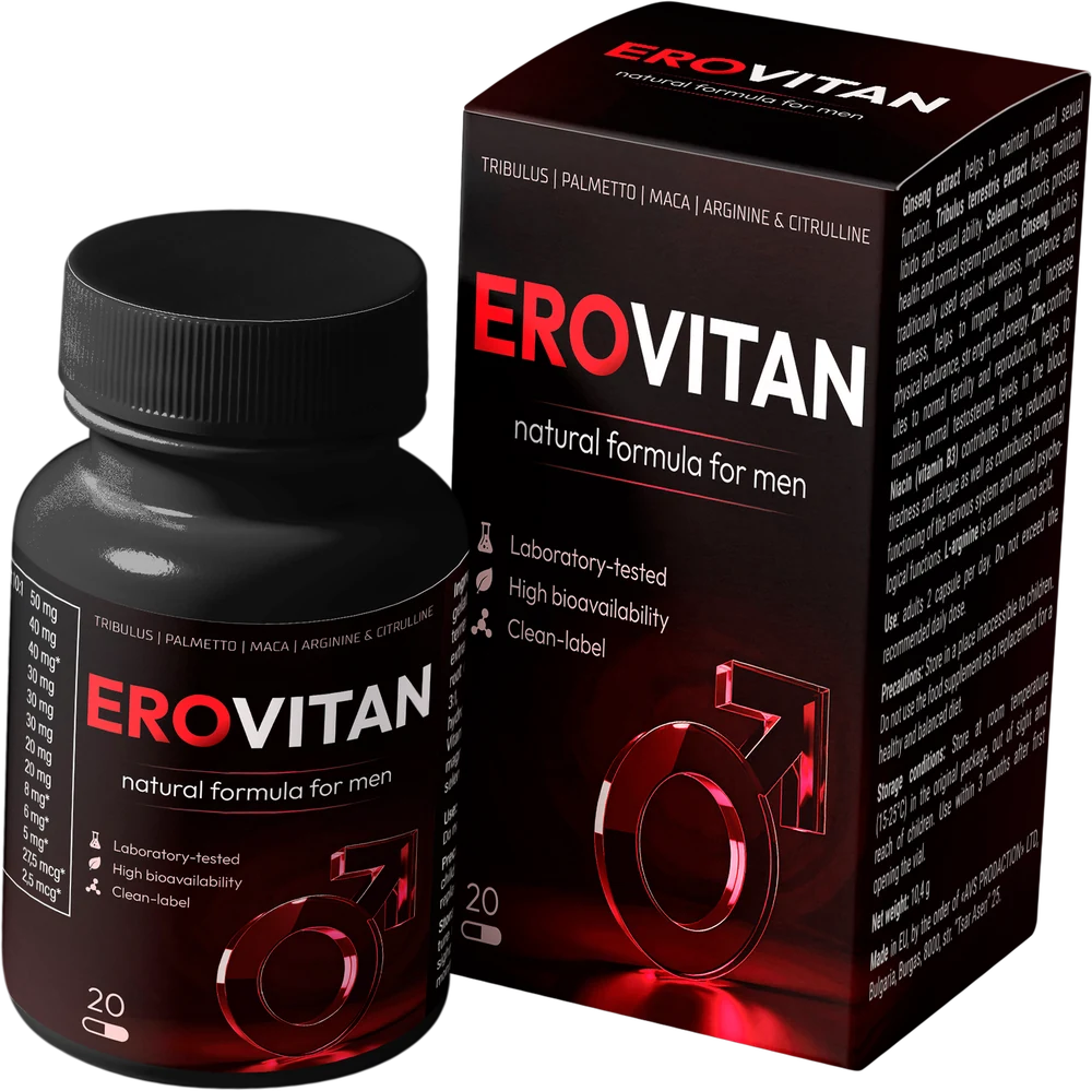 EroVitan iepakojums — burciņa un kastīte, 20 kapsulas