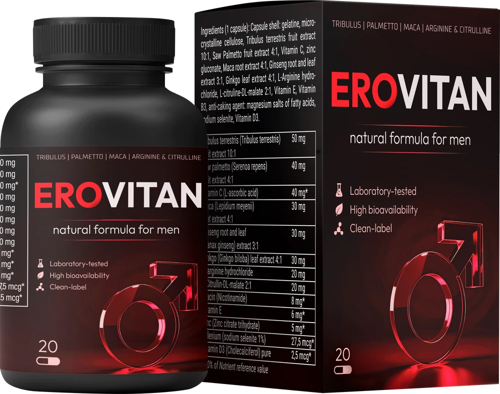 Opakowanie EroVitan — słoik i kartonik, 20 kapsułek